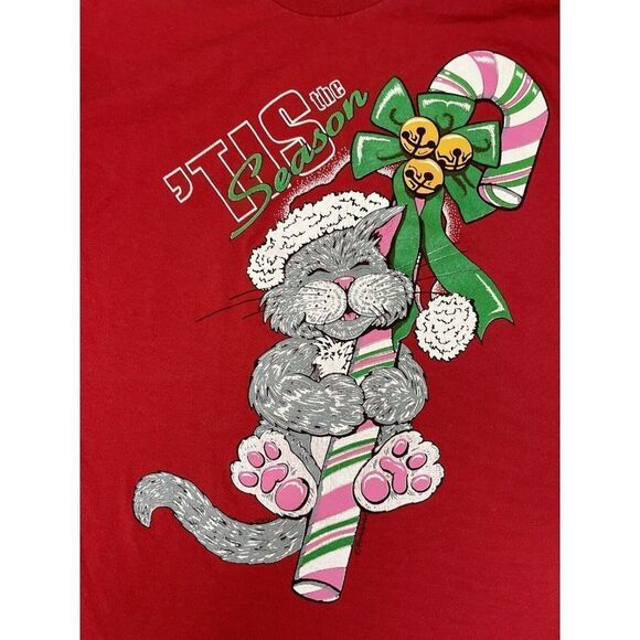 VINTAGE Its The Season Cat Holiday Graphic T-shirt Men Large Red 90s - Picture 2 of 5
